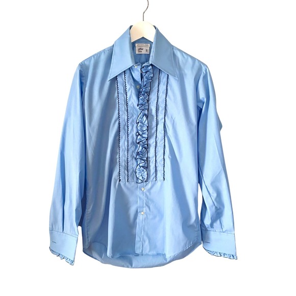Vintage 1970s After Six Ruffled Light Blue Unisex Vampirecore Shirt - Picture 2 of 7